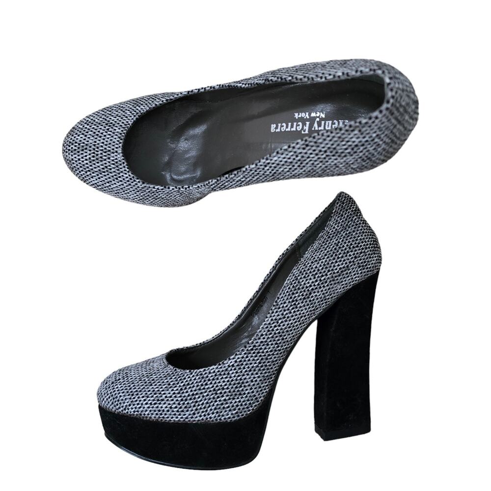 Henry Ferrera Womens Paloma Platform Heels 7 Black White Chunky Slip On Pumps